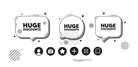 Illustration for Huge Discounts tag. Speech bubble offer icons. Special offer price sign. Advertising Sale symbol. Huge discounts chat text box. Social media icons. Speech bubble text balloon. Vector - Royalty Free Image