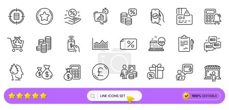 Illustration for Calculator target, Loyalty star and Calculator alarm line icons for web app. Pack of Card, Stress, Wallet pictogram icons. Money tax, Money diagram, Coins signs. Loan percent, Clipboard. Vector - Royalty Free Image