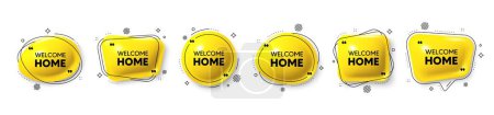 Illustration for Welcome home tag. Speech bubble 3d icons set. Home invitation offer. Hello guests message. Welcome home chat talk message. Speech bubble banners with comma. Text balloons. Vector - Royalty Free Image