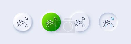 Téléchargez les illustrations : Ligne de vélo de montagne icône. Neumorphique, dégradé vert, boutons broches 3d. Panneau de transport extérieur vélo. Symbole d'activité sportive. Icônes de ligne. Boutons neumorphes avec signes de contour. Vecteur - en licence libre de droit