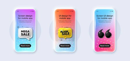 Illustration for Phone 3d mockup gradient screen. Mega Sale tag. Special offer price sign. Advertising Discounts symbol. Mega sale phone mockup message. Flash sale chat speech bubble. Yellow text box app. Vector - Royalty Free Image