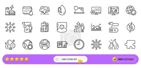 Illustration for Notification, Feedback and Report statistics line icons for web app. Pack of Co2 gas, Puzzle, Manual doc pictogram icons. Framework, Recovery laptop, Time signs. Infochart, Power, Battery. Vector - Royalty Free Image