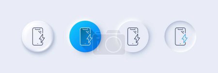 Smartphone charging line icon. Neumorphic, Blue gradient, 3d pin buttons. Phone charge sign. Mobile device energy symbol. Line icons. Neumorphic buttons with outline signs. Vector