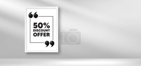 Illustration for Photo frame banner. 50 percent discount tag. Sale offer price sign. Special offer symbol. Discount picture frame message. 3d comma quotation. Vector - Royalty Free Image
