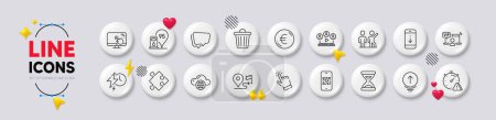 Ilustración de Iconos de línea de burbuja de cursor, estrategia y habla. Botones blancos 3d iconos. Pack de viaje, Papelera, Icono de computación en la nube. Dinero en euros, trabajo en equipo, pictograma de atención. Vector - Imagen libre de derechos