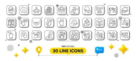 Illustration for Repairman, Video conference and Medical mask line icons pack. 3d design elements. Certificate, Music app, Bid offer web icon. Delivery market, Idea head, Horns hand pictogram. Vector - Royalty Free Image
