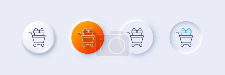 Shopping cart with gift line icon. Neumorphic, Orange gradient, 3d pin buttons. Customer trolley sign. Supermarket sale symbol. Line icons. Neumorphic buttons with outline signs. Vector