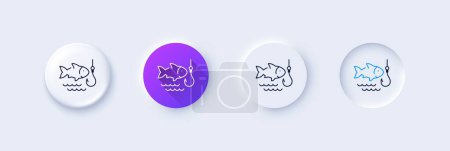 Ilustración de Icono de línea de pesca. Neumorfa, gradiente púrpura, botones de pin 3d. Pescado y gancho. Captura el símbolo de mariscos. Iconos de línea. Botones neumórficos con signos de contorno. Vector - Imagen libre de derechos