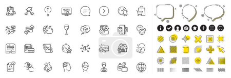 Set of Forward, Add handbag and Wine glass line icons for web app. Design elements, Social media icons. Resume document, Delivery man, Money change icons. Vector