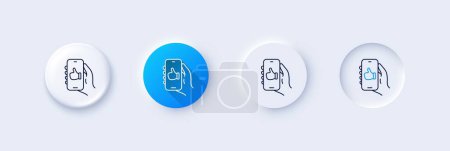 Ilustración de Como icono de línea de aplicación. Neumorfa, gradiente azul, botones de pin 3d. Mantenga la señal del teléfono. Teléfono celular con símbolo de notificación de pantalla. Iconos de línea. Botones neumórficos con signos de contorno. Vector - Imagen libre de derechos