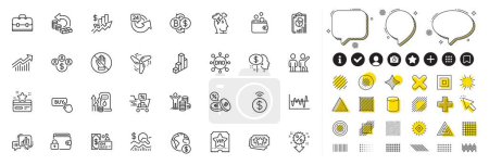 Set von Report, Rabattwagen und 3D-Diagrammzeilensymbolen für Web-App. Gestaltungselemente, Social-Media-Symbole. Portfolio, Vip-Ticket, Treuepunkte-Symbole. Korruption, Treibstoffpreis, Kauf von Währungszeichen. Vektor