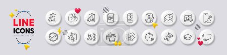 Ilustración de Difícil estrés, Auditoría y los iconos de la línea de financiación móvil. Botones blancos 3d iconos. Pack de Opinión, Aviso telefónico, Icono de estrés. Firma del documento, correo abierto, pictograma de software. Vector - Imagen libre de derechos