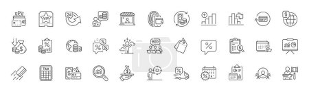 Illustration for Card, Online auction and Market seller line icons. Pack of Wallet, Accounting, Data analysis icon. Calendar discounts, Business targeting, Difficult stress pictogram. Tax calculator. Vector - Royalty Free Image