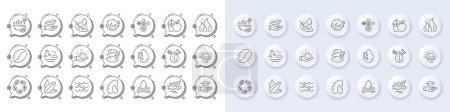 Illustration for Organic tested, Sunny weather and Fish school line icons. White pin 3d buttons, chat bubbles icons. Pack of Leaf dew, Dirty water, Seafood icon. Fire energy, Pillow, Travel sea pictogram. Vector - Royalty Free Image