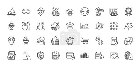 Illustration for Windmill turbine, Hold smartphone and Cyber attack line icons pack. AI, Question and Answer, Map pin icons. Message, Delivery shopping, Fraud web icon. Vector - Royalty Free Image