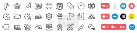 Market, Dishwasher and Love letter line icons pack. Social media icons. Yen money, Computer, Fake news web icon. Photo studio, Sun protection, Parking garage pictogram. Vector