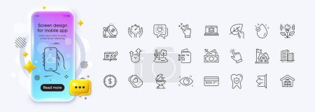 E-mail, Organic tested and Sign out line icons for web app. Phone mockup gradient screen. Pack of Building, Love ticket, Dental insurance pictogram icons. Money tax, Like app, Buildings signs. Vector