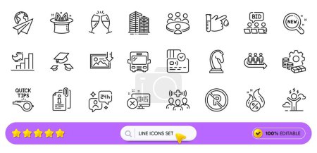 Illustration for No parking, Online auction and New products line icons for web app. Pack of Medical staff, Money, Marketing strategy pictogram icons. Paper plane, Reject access, Blood donation signs. Vector - Royalty Free Image