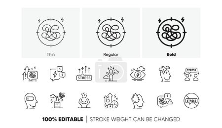 Illustration for Mental health, depression and confusion thoughts. Stress line icons. Frustrated man, negative mood, panic fear outline icons. Stress pressure and psychology mental problems. Bad depression. Vector - Royalty Free Image