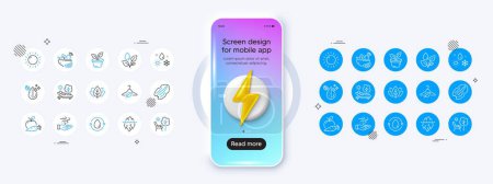 Apple carrot, Salad and Pecan nut line icons. Phone mockup with 3d energy icon. Pack of Wind energy, Dirty water, Deckchair icon. Iceberg, Slow fashion, Organic tested pictogram. Vector