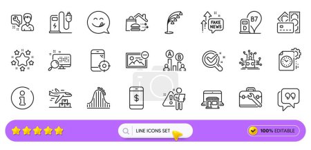 Illustration for Project deadline, Roller coaster and Seo phone line icons for web app. Pack of Smartphone payment, Diesel station, Money pictogram icons. Chemistry lab, Food delivery, Ab testing signs. Vector - Royalty Free Image