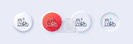 Ilustración de Icono de línea de bicicleta eléctrica. Neumorfa, gradiente rojo, botones de pin 3d. Señal de transporte motorizado de bicicletas. Carga símbolo ebike. Iconos de línea. Botones neumórficos con signos de contorno. Vector - Imagen libre de derechos