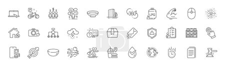 Thunderstorm weather, Checklist and 360 degree line icons. Pack of Fireworks explosion, Cursor, Fast food icon. Phone pay, Shield, Buildings pictogram. Loan house, Fast delivery, Bike. Vector