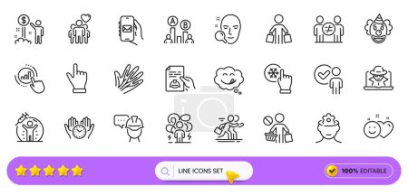 Fraud, Freezing click and Veins line icons for web app. Pack of Discrimination, Income money, Foreman pictogram icons. Ab testing, Smile, Face search signs. Technical documentation. Search bar. Vector