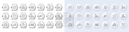 Photo for Delivery bike, Dumbbell and Boat line icons. White pin 3d buttons, chat bubbles icons. Pack of Success, Arena stadium, Strong arm icon. Bicycle parking, Boat fishing, Yoga pictogram. Vector - Royalty Free Image