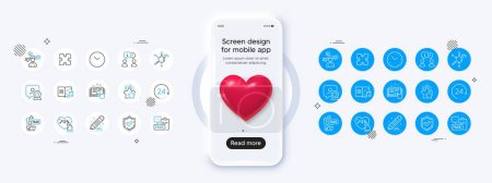 Illustration for Phone mockup with 3d heart icon. Video conference, Interview and 24 hours line icons. Pack of Fake internet, Chemical formula, Brand contract icon. Vector - Royalty Free Image