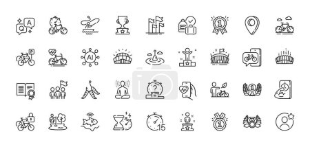 Diploma, Leadership and Timer line icons pack. AI, Question and Answer, Map pin icons. Reward, Cardio bike, Quiz web icon. Fitness, Winner, Success pictogram. Arena stadium, Yoga, Boat fishing. Vector