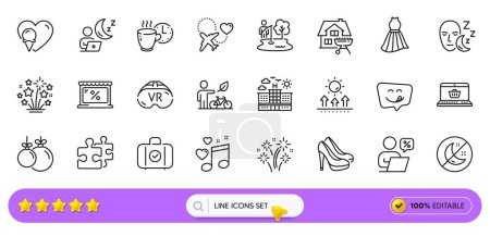 Shoes, Yummy smile and Home grill line icons for web app. Pack of Sleep, Hotel, Insomnia pictogram icons. Carry-on baggage, Coffee break, Puzzle signs. Dress, Fishing place, Fireworks stars. Vector