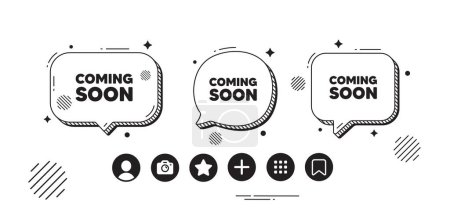 Coming soon tag. Speech bubble offer icons. Promotion banner sign. New product release symbol. Coming soon chat text box. Social media icons. Speech bubble text balloon. Vector