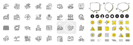 Illustration for Set of Bicycle parking, Delivery truck and Gps line icons for web app. Design elements, Social media icons. Ambulance transport, Lighthouse, Map icons. Vector - Royalty Free Image