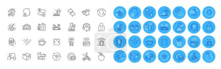 Illustration for Coffee cup, Money transfer and Medical support line icons pack. Ecology app, Taxi, Synchronize web icon. Notification cart, Wind energy, Windy weather pictogram. Contactless payment. Vector - Royalty Free Image