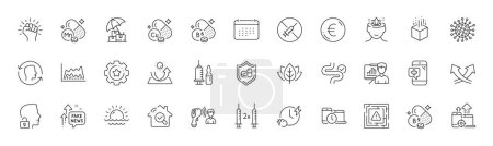 Illustration for Presentation board, Augmented reality and Organic tested line icons. Pack of Medical phone, Vitamin b6, Folate vitamin icon. Maze attention, Medical tablet, Coronavirus pictogram. Line icons. Vector - Royalty Free Image