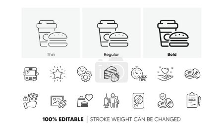 Fast food, Bus and Time management line icons. Pack of Hdd, Cake, Savings icon. Quick tips, Clipboard, Fraud pictogram. Rank star, Puzzle image, Savings insurance. Medical vaccination. Vector