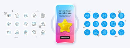 Illustration for Product knowledge, Work home and Phone code line icons. Phone mockup with 3d star icon. Pack of Web3, Mindfulness stress, Recovery trash icon. Vector - Royalty Free Image
