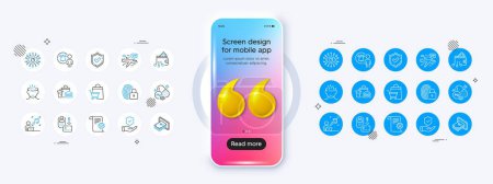 Illustration for Molybdenum mineral, Fast food and User notification line icons. Phone mockup with 3d quotation icon. Pack of Digital wallet, Lock, Confirmed icon. Vector - Royalty Free Image