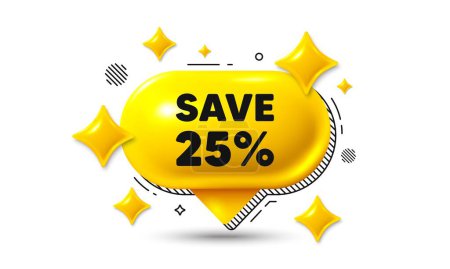 Illustration for Save 25 percent off tag. Chat speech bubble 3d icon. Sale Discount offer price sign. Special offer symbol. Discount chat offer. Speech bubble banner. Text box balloon. Vector - Royalty Free Image