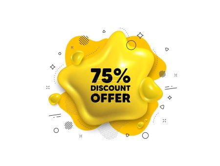 Illustration for Abstract liquid 3d shape. 75 percent discount tag. Sale offer price sign. Special offer symbol. Discount message. Fluid speech bubble banner. Yellow text liquid shape. Vector - Royalty Free Image