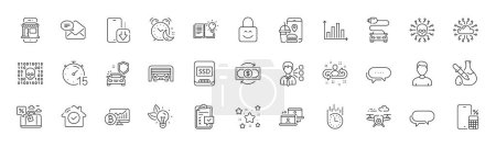 Illustration for Food app, Cloud network and Parking garage line icons. Pack of Recruitment, Chemistry experiment, House security icon. Drone, Dots message, Stars pictogram. Car charge, Cyber attack. Vector - Royalty Free Image
