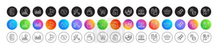 Report timer, Bar diagram and Internet shopping line icons. Round icon gradient buttons. Pack of Payment, Tips, Flight sale icon. Fraud, Loan percent, Shop cart pictogram. Vector