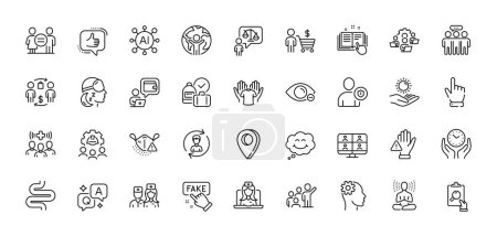 Illustration for Yoga, Teamwork and Engineering line icons pack. AI, Question and Answer, Map pin icons. Fake information, Inspect, Buying process web icon. Smile, Lawyer, Cursor pictogram. Vector - Royalty Free Image
