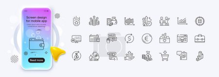 Ilustración de Euro dinero, tarjeta de crédito y portapapeles iconos de línea para la aplicación web. Teléfono pantalla de gradiente maqueta. Pack de mercado en línea, ataque cibernético, iconos de pictograma de intercambio de dinero. Vector - Imagen libre de derechos