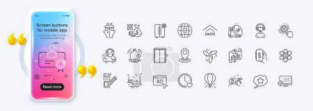 Ilustración de Iconos de línea de átomos de seguros, globos aéreos y química globales para la aplicación web. Teléfono pantalla de gradiente maqueta. Pack de Recordatorio, Refrigerador, Iconos de pictograma de servicio de entrega. Vector - Imagen libre de derechos