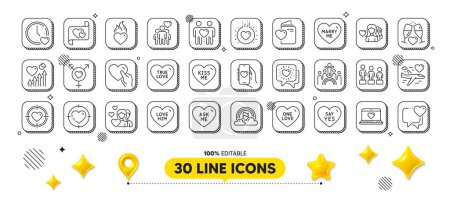 Illustration for Marry me, Heart and Friendship line icons pack. 3d design elements. Love, Kiss me, Dating web icon. Wedding glasses, True love, Heart target pictogram. Couple, Valentine target, Friends chat. Vector - Royalty Free Image