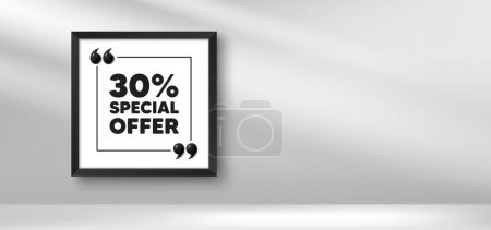 Illustration for Photo frame banner. 30 percent discount offer tag. Sale price promo sign. Special offer symbol. Discount picture frame message. 3d comma quotation. Vector - Royalty Free Image