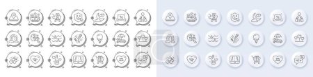 Illustration for Love night, Call me and Gps line icons. White pin 3d buttons, chat bubbles icons. Pack of Love gift, New, Bus travel icon. Search flight, Discounts cart, Ice cream pictogram. Vector - Royalty Free Image