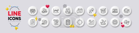 Illustration for Calendar, Employee and Graph chart line icons. White buttons 3d icons. Pack of Build, Winner ribbon, Drums icon. Execute, Graph laptop, Puzzle pictogram. Vector - Royalty Free Image